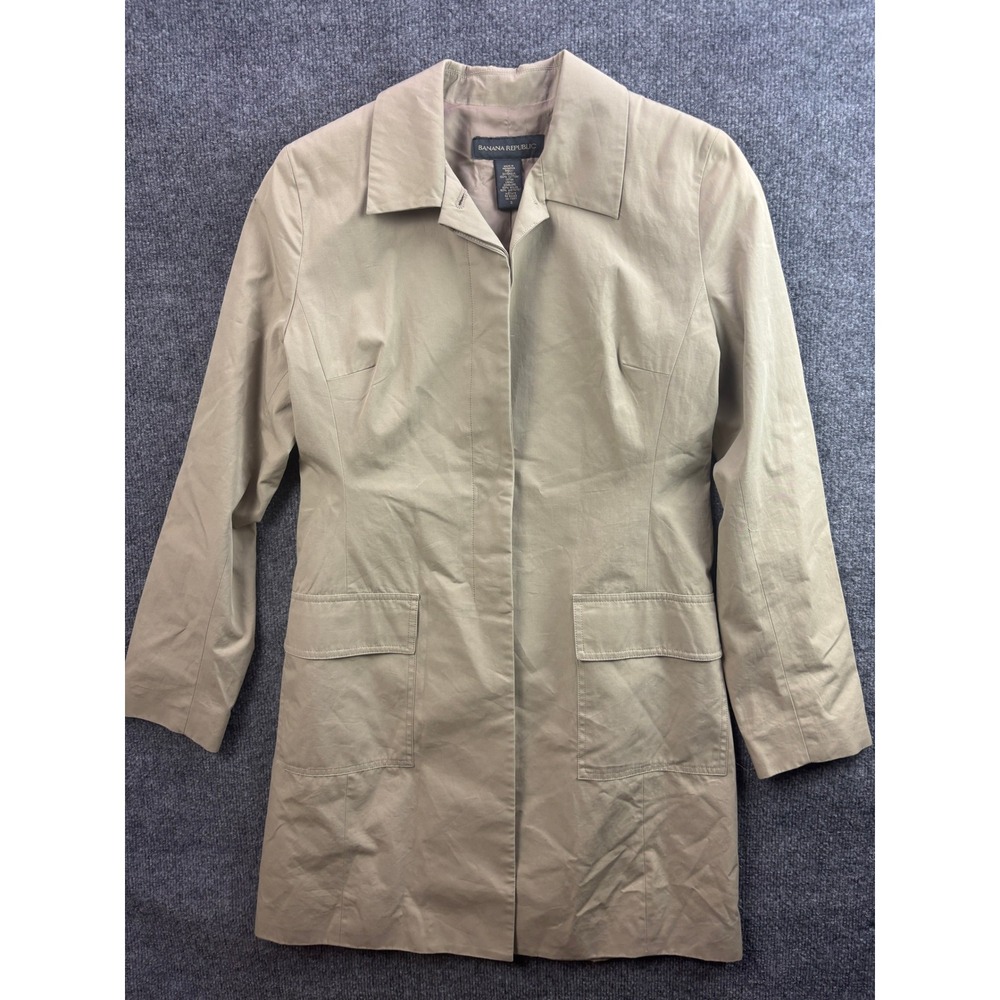 Banana Republic Trench Coat Womens S Tan Cotton Hidden Button Flap Pockets
